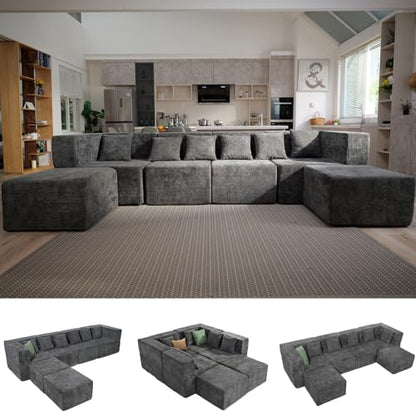 Modular Sectional Cloud Couch for Living Room - 130'' 6 Seater Convertible Chenille Couches Set with Ottoman, No Assembly Compression Sofas, Comfy Floor Sofa with Memory Foam, Grey