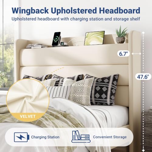 Queen Size Upholstered Bed Frame with Charging Station, Cream, view 5