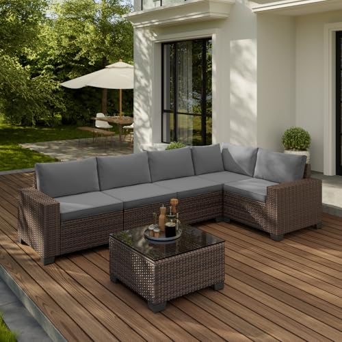 6-Piece Outdoor Patio Furniture Set, PE Wicker Rattan Sectional Sofa Conversation Set with Thickened Cushions and Coffee Table, All-Weather Patio Furniture for Garden, Backyard, Poolside, Grey