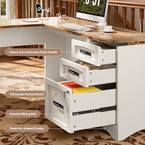 67" Farmhouse L Shaped Standing Desk with Drawers Home Office Executive Desks with Fast Charging Station, Lockable File Cabinet, Wood Writing Computer Desk for Work, Study, White
