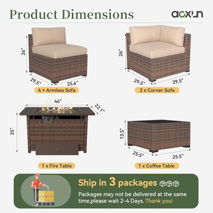 8 Piece Patio Furniture Set with 44” Fire Pit Table Wicker Rattan Outdoor Sectional Sofa Set with Coffee Table and Thickened Cushions, Beige
