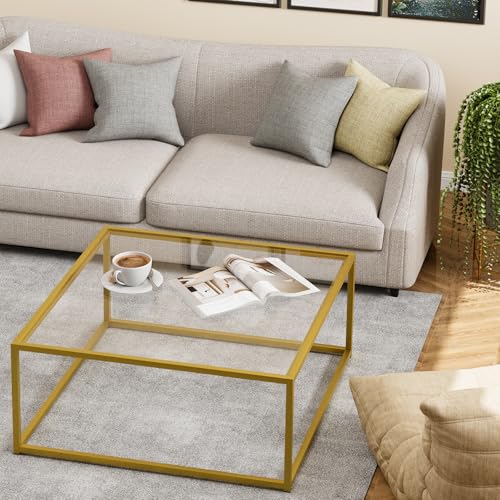 Glass Coffee Table, Small Square Coffee Table for Living Room,Simple Modern Center Tables for Small Spaces, Gold Living Room Tea Tables Easy Assembly,26 * 26in（Gold & Clear Glass）