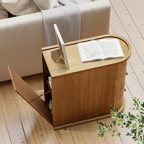 Rustic Farmhouse Narrow 3 Drawer End Table with Burl Finish, Brown | Natural Burl Sofa Side Table with Metal Knobs, Slim Bedside Table with Back Storage Space for Small Space, Bedroom