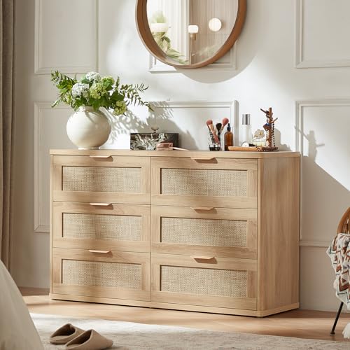 Rattan 6 Drawer Dresser for Bedroom, Boho 48" Wide Natural Wood Dresser Chest of Drawers, Dressers TV Stand with Metal Handle, Storage Dressers Closet Organizer for Living Room, Hallway