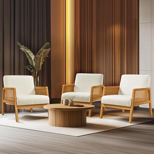Yaheetech Rattan Accent Chairs Set of 2, Boho Vintage Armchair, Boucle Fabric Reading Chair with Wood Armrest and Legs for Living Room Bedroom Reception, Ivory