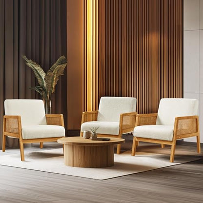 Yaheetech Rattan Accent Chairs Set of 2, Boho Vintage Armchair, Boucle Fabric Reading Chair with Wood Armrest and Legs for Living Room Bedroom Reception, Ivory