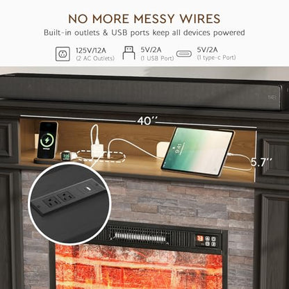 72'' Fireplace TV Stand with Outlet & LED, Electric Fireplace with Mantel, view 5