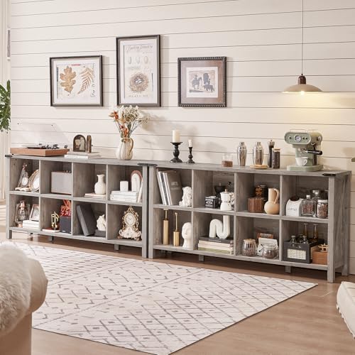 8 Cube Book Shelf, Farmhouse Wood Long Storage Organizer Bookcase, 62" Horizontal Grey Oak Console Closet Bookshelf, Hallway TV Stand for Entryway, Display Cabinet Book Case for Living Room