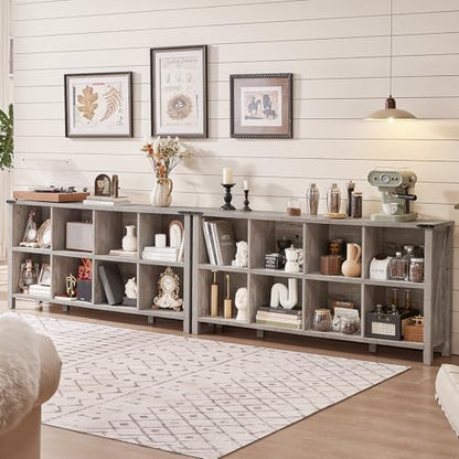 8 Cube Book Shelf, Farmhouse Wood Long Storage Organizer Bookcase, 62" Horizontal Grey Oak Console Closet Bookshelf, Hallway TV Stand for Entryway, Display Cabinet Book Case for Living Room