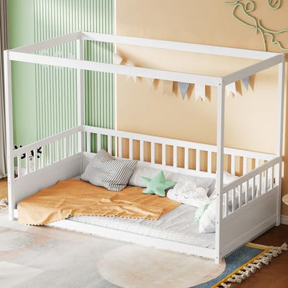Twin Size Canopy Bed Frame with 4 Posters and Guardrails, view 6