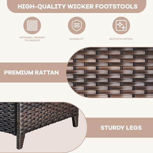 Patio Ottomans Set of 2 Outdoor Ottomans Wicker Foot Stools 2 Piece Footrest PE Rattan Ottomans with Thickened Cushions for Patio Garden Porch Balcony Poolside Deck, Brown|Blue
