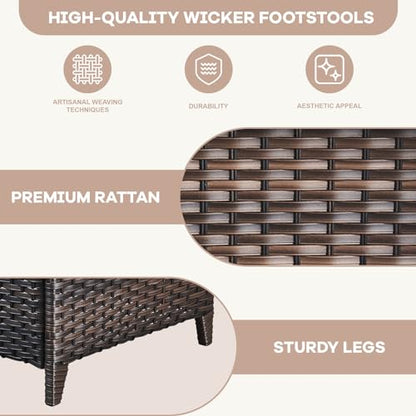 Patio Ottomans Set of 2 Outdoor Ottomans Wicker Foot Stools 2 Piece Footrest PE Rattan Ottomans with Thickened Cushions for Patio Garden Porch Balcony Poolside Deck, Brown|Blue