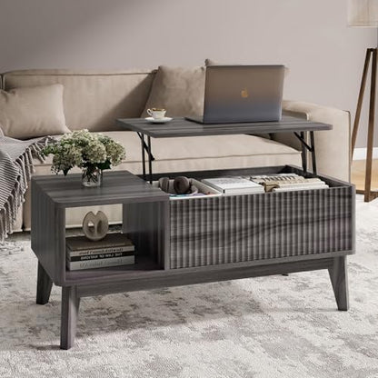 Fluted Lift Top Coffee Table with Storage,Modern Center Table for Living Room, Home Office（Grey）