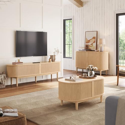 Fluted TV Stand for 75" TV, Mid-Century Modern 70" Entertainment Center with Sliding Tambour Door and Storage Cabinet, Cruved TV Media Console Table for Living Room, Bedroom, Oak