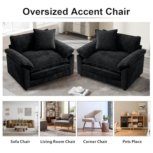 Modern Oversized Chair, Comfy Chenille Accent Chair Large Upholstered Armchair with Extra Thick and Deep Seat Lounge Chair for Living Room,Bedroom,Apartment (Black)