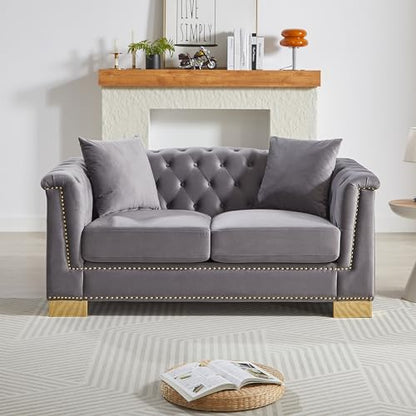 62" Chesterfield Sofa Velvet Two-Seater, Modern Classic Rolled Arm Button Tufted Sofa with Nailhead Decor, Cloud Couch Loveseat for Living Room, Apartment (Grey)