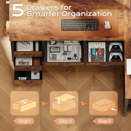 47 Inch L Shaped Desk with Power Outlets, 5 Fabric Drawers, view 6