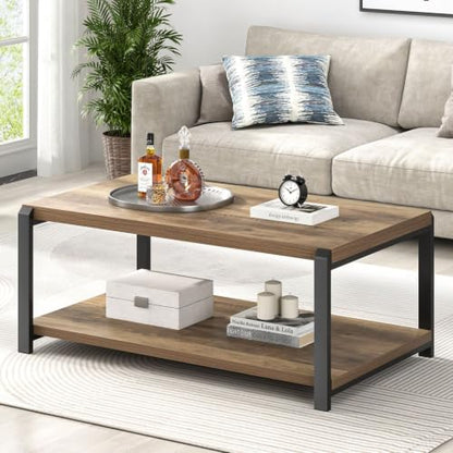 Modern Coffee Table, Rustic Wood and Metal Center Table for Living Room, Industrial Rectangle Cocktail Tea Table with Storage, Oak