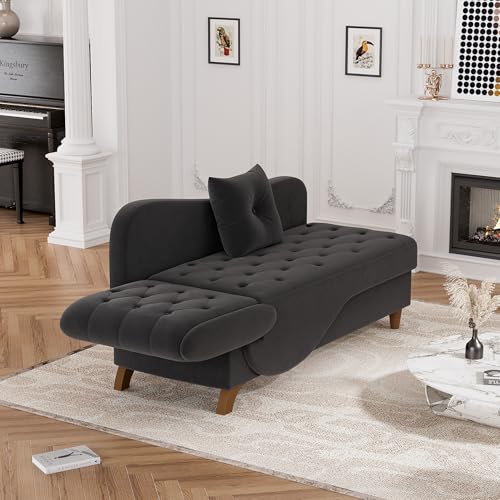 Indoor Velvet Chaise Lounge Chair with Storage for Living Room, Black, view 4