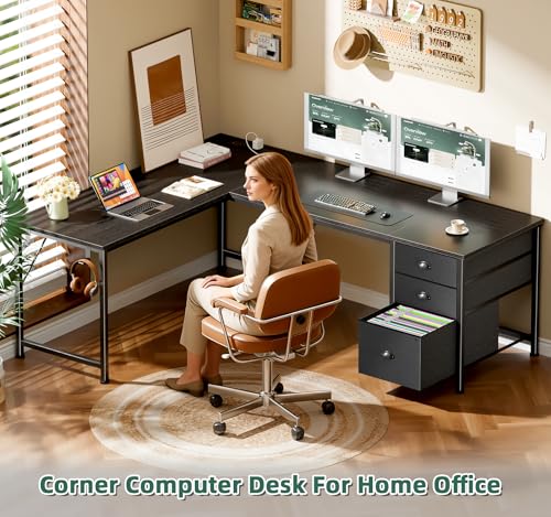 63" L Shaped Computer Desk with Power Outlet & USB-C Port, Reversible Home Office Desk with 2 Fabric Drawers, File Cabinet, Hooks, Large Corner Table for Gaming, Writing, Work, Black