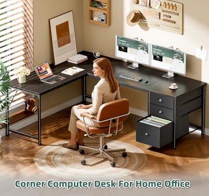 63" L Shaped Computer Desk with Power Outlet & USB-C Port, Reversible Home Office Desk with 2 Fabric Drawers, File Cabinet, Hooks, Large Corner Table for Gaming, Writing, Work, Black