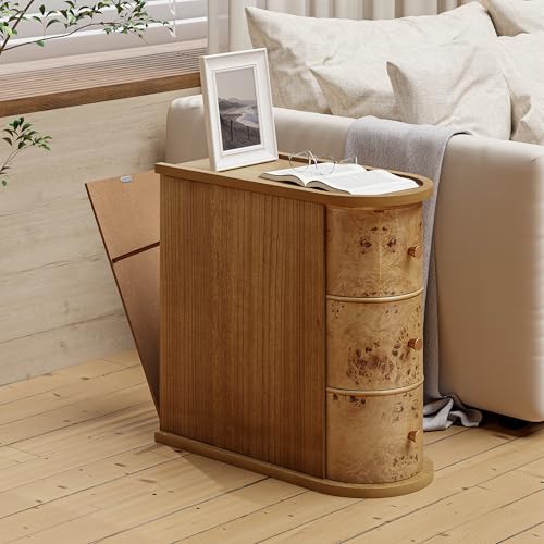 Rustic Farmhouse Narrow 3 Drawer End Table with Burl Finish, Brown | Natural Burl Sofa Side Table with Metal Knobs, Slim Bedside Table with Back Storage Space for Small Space, Bedroom