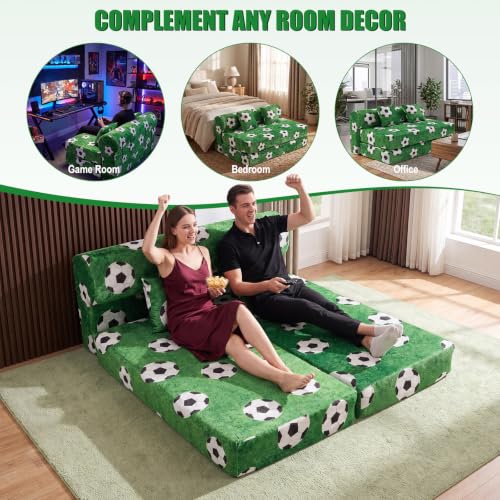 59" Convertible Sofa Bed with High Backrest & Washable Cover, Compression Boneless Couch in a Box, Sectional Loveseat Floor Sleeper Sofa for Bedroom, Living Room, World Cup, Football Green
