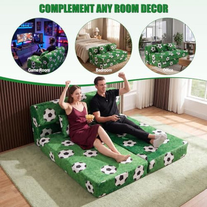 59" Convertible Sofa Bed with High Backrest & Washable Cover, Compression Boneless Couch in a Box, Sectional Loveseat Floor Sleeper Sofa for Bedroom, Living Room, World Cup, Football Green