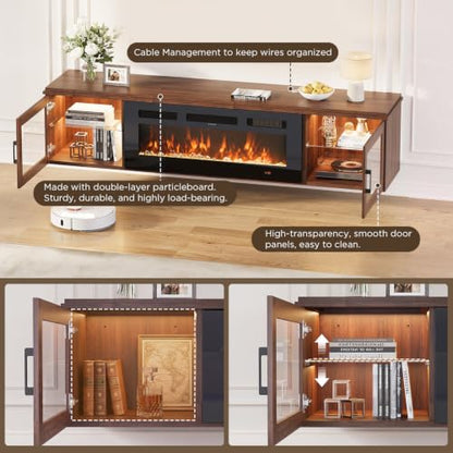 70" Floating TV Stand with Fireplace, Brown, view 6