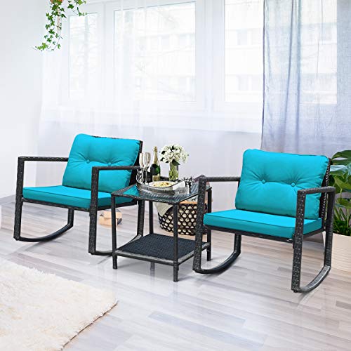 3 Pieces Patio Wicker Rocking Bistro Set, Outdoor Rocking Chair Furniture Set w/Cushioned Seat, Conversation Set w/Glass Coffee Table and Storage Shelf (Turquoise)