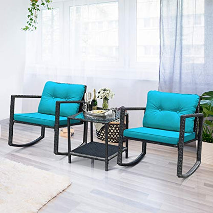 3 Pieces Patio Wicker Rocking Bistro Set, Outdoor Rocking Chair Furniture Set w/Cushioned Seat, Conversation Set w/Glass Coffee Table and Storage Shelf (Turquoise)
