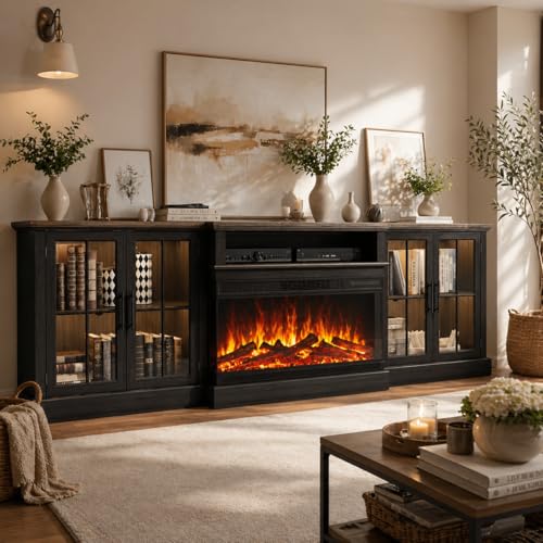 Black 98" Farmhouse TV Stand with 36" Fireplace for Living Room, view 2