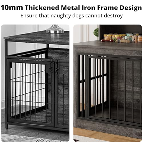 43.3" Extra Large Dog Crate Furniture with Storage Shelf | 1.0mm iron rods. Storage shelf and 4 hooks. 200 lb tabletop. 30"L x 43.3"W x 41.1"H indoor large crate