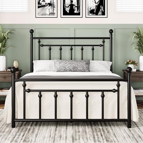 14'' Full Size Metal Platform Bed Frame, Vintage Headboard, Black, view 2
