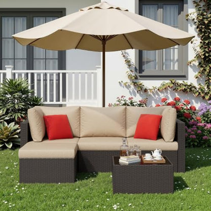 5 Pieces Patio Furniture Sets Outdoor All-Weather Sectional Patio Sofa Set PE Rattan Manual Weaving Wicker Patio Conversation Set with Glass Table&Ottoman Cushion and Red Pillows, Beige