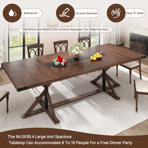 94" Large Dining Table for 10 People, Rectangular Kitchen Farmhouse Table W/Thickness Waterproof Wood Tabletop,Long Dining Room Tables W/Wood Strip Base for Kitchen Living Room(238CM Brown)