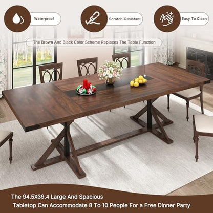 94" Large Dining Table for 10 People, Rectangular Kitchen Farmhouse Table W/Thickness Waterproof Wood Tabletop,Long Dining Room Tables W/Wood Strip Base for Kitchen Living Room(238CM Brown)
