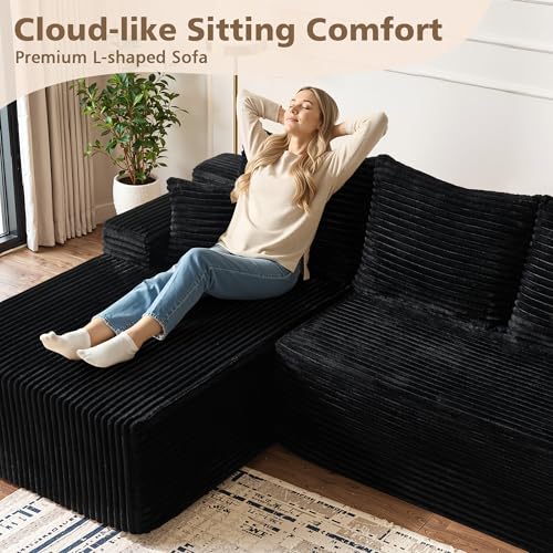 96" Cloud Sectional Couch with Comfy Chaise, Boneless L Shape Sofa with Deep Seat, Minimalist Modular Couches Sleeper for Living Room Bedroom Apartment Lounge,Black