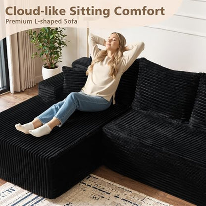 96" Cloud Sectional Couch with Comfy Chaise, Boneless L Shape Sofa with Deep Seat, Minimalist Modular Couches Sleeper for Living Room Bedroom Apartment Lounge,Black
