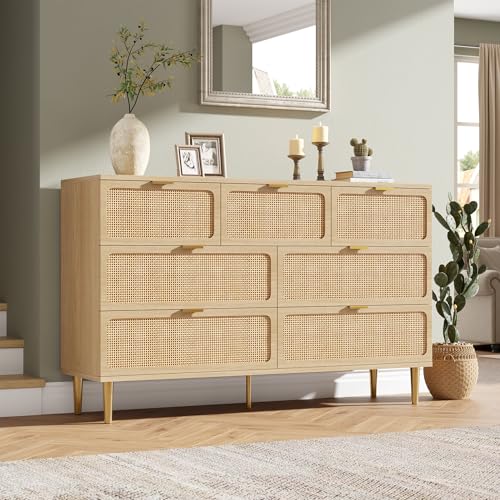 Rattan 7 Drawer Dressers for Bedroom, Tall Dresser with Deep Drawers, Large Chest of Drawers for Closet with Wide Top, Long Wooden Dresser for Living Room, Hallway, Kids Room, Natural