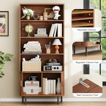 71" Bookshelf with Sliding Door, Bookcase Storage Cabinet, Walnut, view 6
