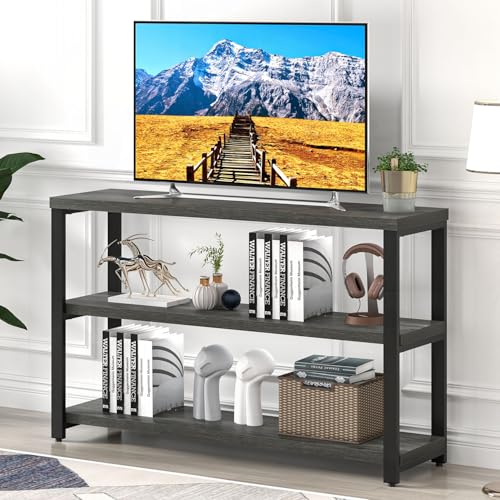 47 Inch Rustic Metal and Wood Entryway Table, Console Table Behind Couch with 3 Tier Storage Shelves, Sofa Table for Living Room Hallway Foyer, Industrial Grey
