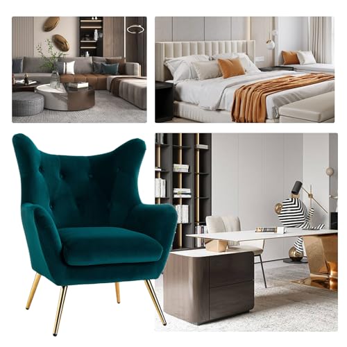 Velvet Tufted Accent Chair, Modern Wingback Arm Chair, Teal | Metal Gold Legs, Wood Frame, Velvet Tufted Upholstered Armchair for Living Room Bedroom, Dining Room