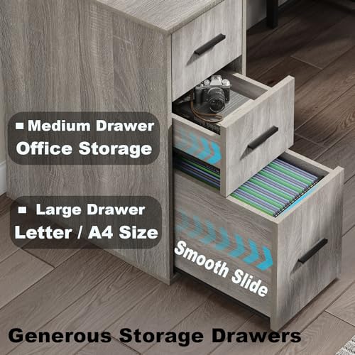 Reversible Gray L Shaped Corner Desk, Farmhouse Wood Computer Desk with File Drawers Cabinets, Large Work Study Executive Home Office Desk with Storage Shelves for Bedroom, Light Grey Oak, 59 Inch