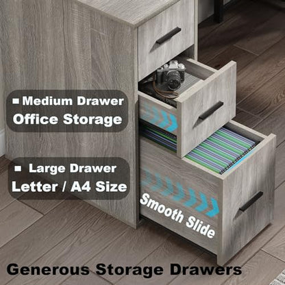 Reversible Gray L Shaped Corner Desk, Farmhouse Wood Computer Desk with File Drawers Cabinets, Large Work Study Executive Home Office Desk with Storage Shelves for Bedroom, Light Grey Oak, 59 Inch