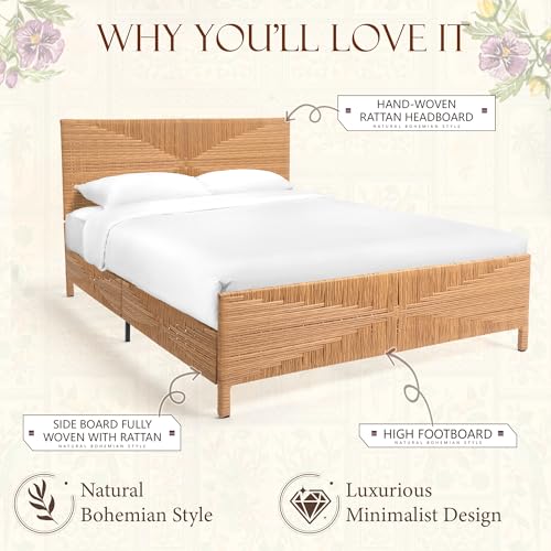 Boho Full Rattan Bed Frame with Headboard and Footboard, Hand Woven PE Wicker Bed, Mid Century Modern Metal Bedframe with Bamboo Style Design, Sturdy Metal Slats, 1000lbs, No Box Spring Needed