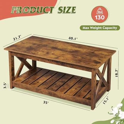 Farmhouse Coffee Table for Living Room, 40.1" Rustic Center Table with X-Frame Support & Storage Shelf, 2-Tier Wood Coffee Tables for Bedroom & Balcony, Rustic Brown