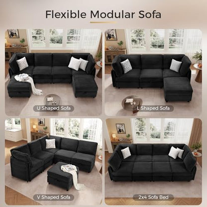 Modular Sectional Sofa U-Shaped 6 Seater Couch with Storage Ottoman, Convertible L-Shaped Plush Wide-Wale Corduroy Couch for Living Room, Apartment, Modern Design, Black