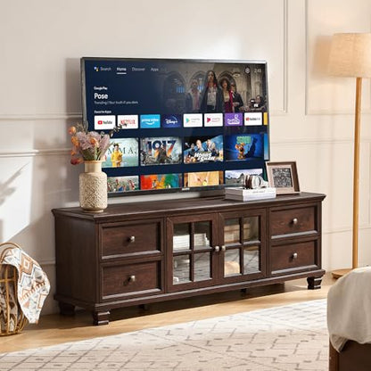 Farmhouse TV Stands for Living Room, Brown Entertainment Center with Storage, Wood TV Console with 4 Drawers, Rustic TV Cabinet for 65 inch TV, Walnut
