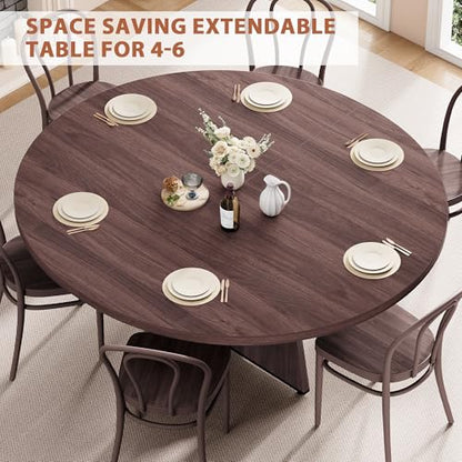 Extendable Dining Table, Round Kitchen Dining Room Dinner Table with for 4 6 8 People, Space Saving Modern Oval Expandale Furniture with Storage and Pedestal for Kitchen Living Room (Brown)